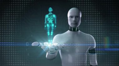 Robot cyborg palm, döner Yarı saydamlık 3d robot vücudun açın. Yapay intelligence.robot teknoloji.