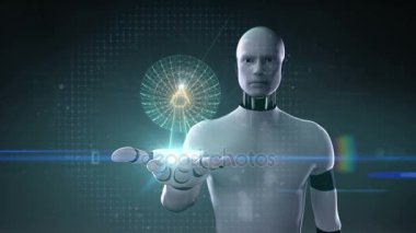 Robot cyborg açık palm, yapım anten Kulesi, radar, küresel iletişim büyümek. X-Ray görüntü.
