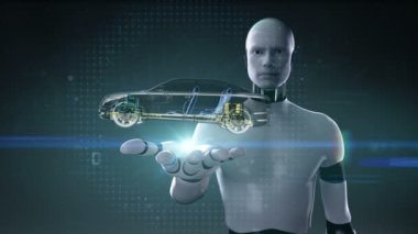 Robot cyborg açık palm, otomobil teknolojisi. Tahrik mili sistemi, motor, iç koltuk. X-ışını yan görünüm.
