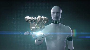 Robot cyborg açık palm, otomobil teknolojisi. Motor piston yan görünüm.