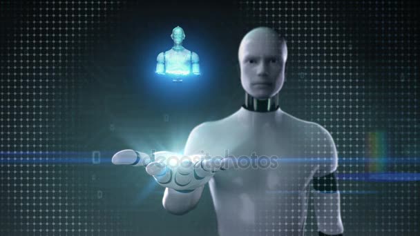 Kyber robot otevřené dlaně, skenování rotující 3d robot tělo v digitálních rozhraní. Umělé intelligence.robot technologie.