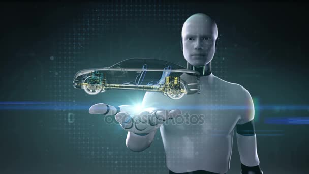 Kyber robot otevřené dlaně, automobilové technologie. Hnací hřídel systém, motor, interiér sedadla. RTG boční pohled.