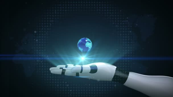 Αυξανόμενο παγκόσμιο δίκτυο με αεροπλάνο, τρένο, πλοίο, αυτοκίνητο μεταφοράς, Παγκόσμιος Χάρτης, τη γη σε ρομπότ cyborg παλάμη, το χέρι, το βραχίονα ρομπότ, 2. — Αρχείο Βίντεο