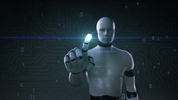 Robot, cyborg menyentuh layar, kecerdasan buatan, teknologi komputer, humanoid science.1 . — Stok Video