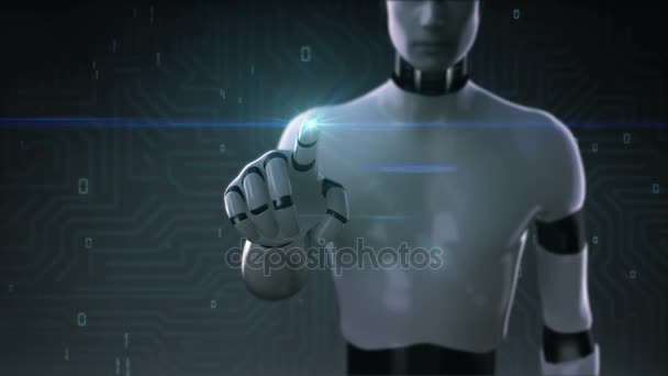 Robot, cyborg touching screen, artificial intelligence, computer technology, humanoid science.2. — Stock Video