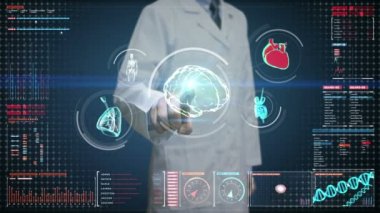 Doktor dokunmadan dijital ekran, tarama beyin, kalp, akciğerler, iç organları dijital pano görüntüle. X-ışını görünümü.