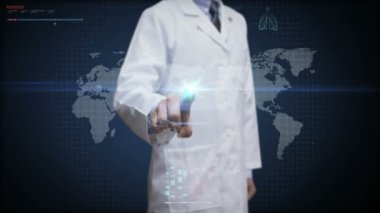 Kadın doktor dokunmadan dijital ekran, dünya, uzaktan tanı ve tedavi, teletıp dijital ekran içinde dünya tıbbi sağlık hizmetinde.