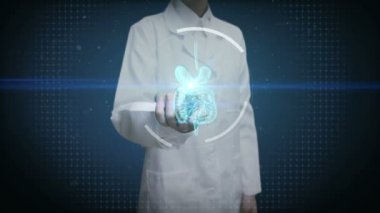 Kadın doktor dokunmadan dijital ekran, yakınlaştırma vücut tarama iç organlar, sindirim sisteminde dijital ekran. Mavi x-ışını görünümü. 