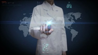 Kadın doktor dokunmadan dijital ekran, dünya, uzaktan tanı ve tedavi, teletıp dijital ekran içinde dünya tıbbi sağlık hizmetinde.