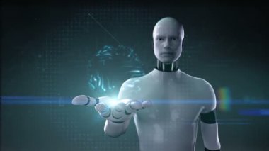 Robot cyborg avuç, çokgen beyin, büyümek gelecek yapay zeka.
