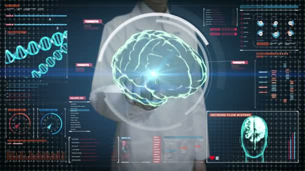 Médecin féminin touchant l'écran numérique, Scanning Brain in digital display dashboard. Vue par rayons X 