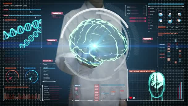 Ärztin Berührt Digitalen Bildschirm Scannt Gehirn Digitaler Anzeigetafel Röntgenbild — Stockvideo