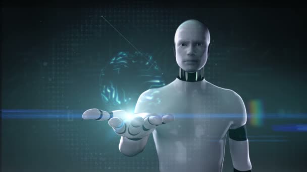 Robot Cyborg Palma Aberta Polígono Cérebro Crescer Inteligência Artificial Futuro — Vídeo de Stock