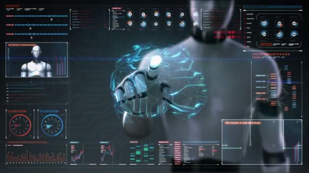 Cyborg Robot Dotykając Wielokąt Mózgu Podłącz Linie Cyfrowe Interfejs Cyfrowy — Wideo stockowe