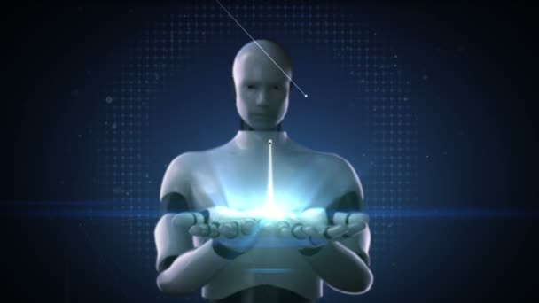 Ρομπότ Cyborg Ανοίξτε Δύο Παλάμες Ανεμογεννήτρια Eco Ενέργειας — Αρχείο Βίντεο