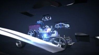 Demonte araba, motor, Emanet koltuk, gösterge paneli, gezinti, Hızlandırıcı pedal, araba ses video sistemi, lastikler, çevre dostu gelecekte araba. siyah arka plan.