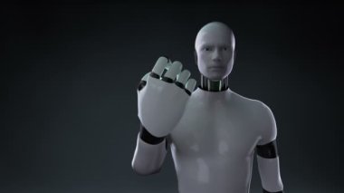 Robot cyborg açık palm, Emlak uygulaması, inşa edilmiş bina şehir bir akıllı telefon, telefon, akıllı yastık tablet.