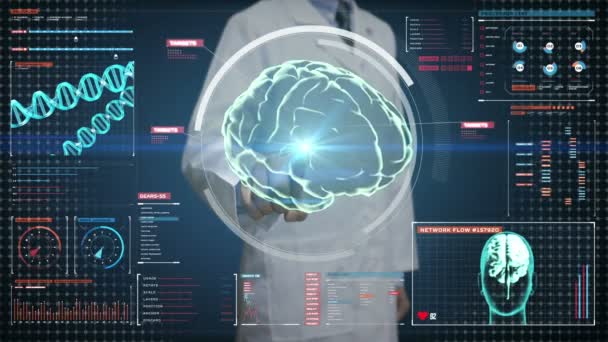 Docteur touchant l'écran numérique, Scanning Brain dans le tableau de bord d'affichage numérique. Vue par rayons X 