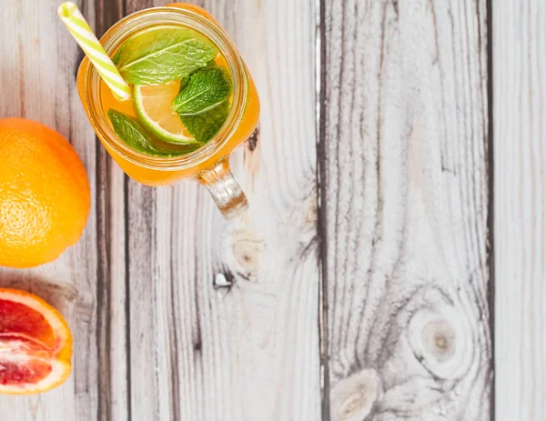 Fresh Orange Wooden Background Juice Jar Summer Drink Orange Wooden — 스톡 사진