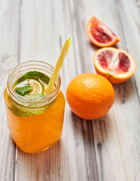 Fresh Orange Wooden Background Juice Jar Summer Drink Orange Wooden — 스톡 사진