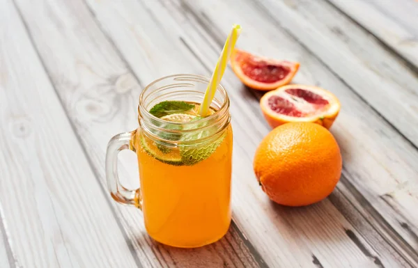 Fresh Orange Wooden Background Juice Jar Summer Drink Orange Wooden — Stockfoto
