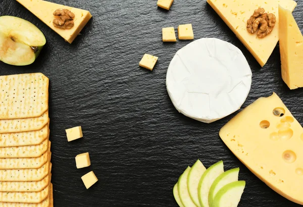 Pieces Cheese Dark Background Cheeseboard Sliced Apple Nuts Board ストック画像