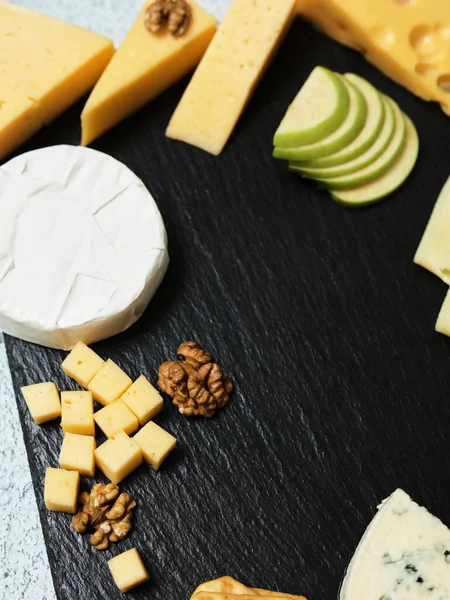 Pieces Cheese Dark Background Cheeseboard Sliced Apple Nuts Board — Stockfoto