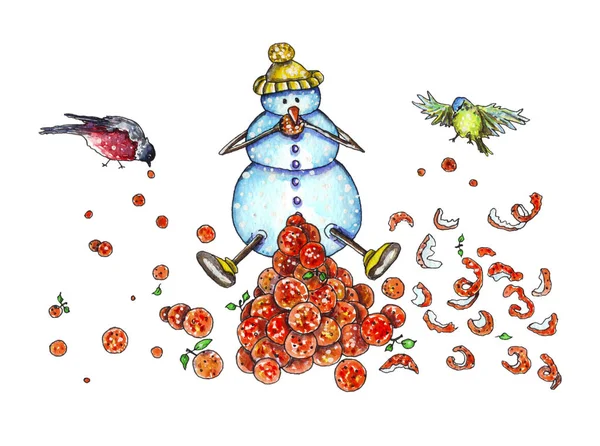 Ilustracji w Snowman jedzenie pomarańczy — Zdjęcie stockowe