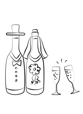 Gelin ve Damat Düğün şampanya vektör çizim