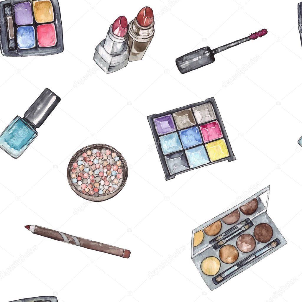 Seamless pattern of cosmetics set in watercolor
