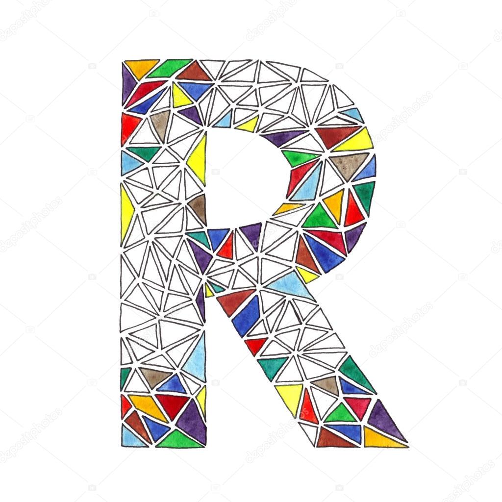 R letter in watercolor tiled mosaic in geometric style