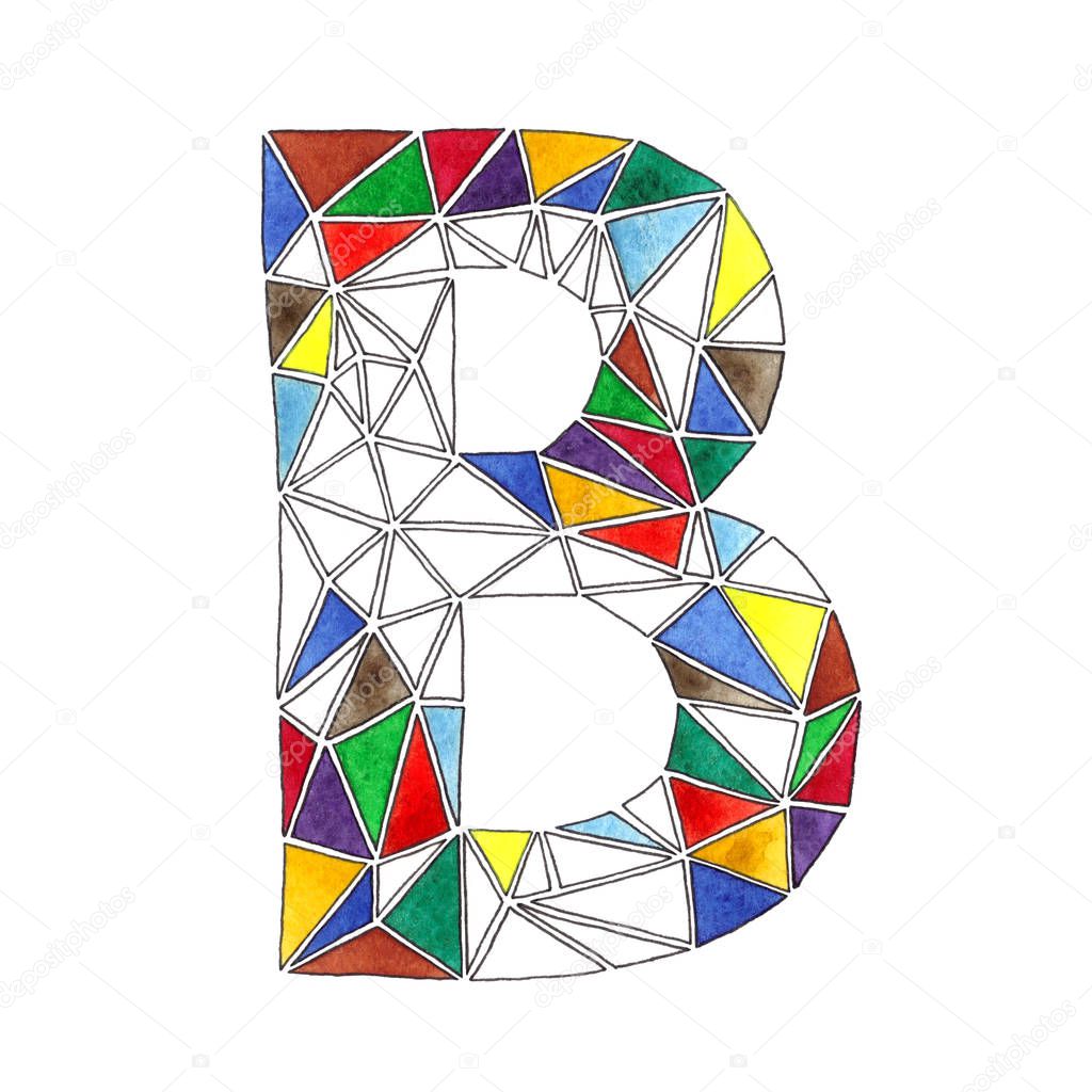 B letter in watercolor tiled mosaic in geometric style