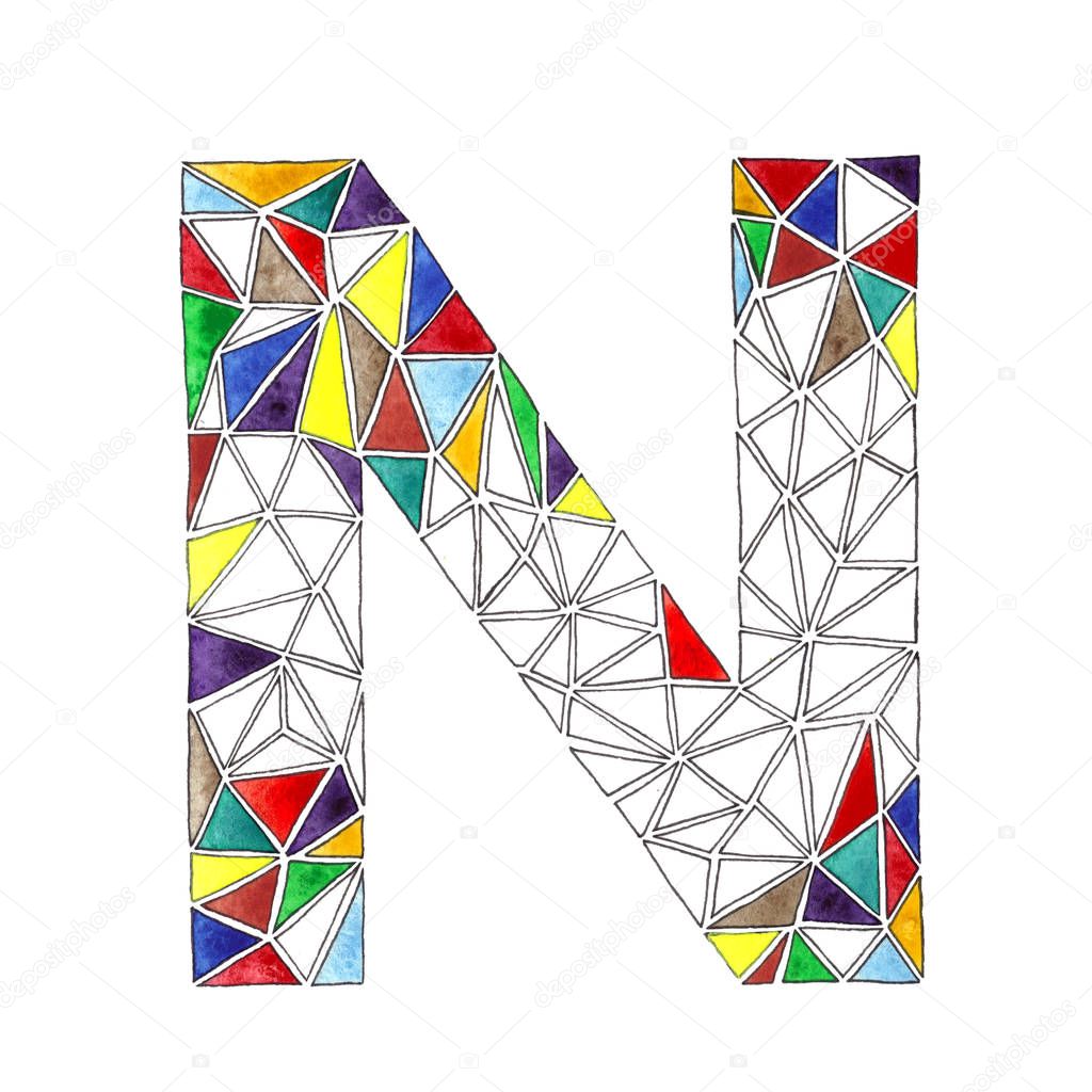 N letter in watercolor tiled mosaic in geometric style