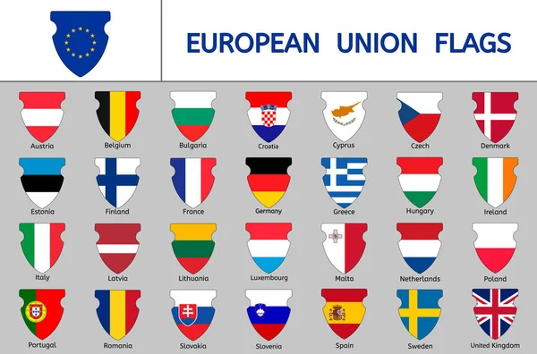 Conjunto Bandeiras União Europeia Ícones Escudos Heráldicos Bandeiras Dos Países —  Vetores de Stock