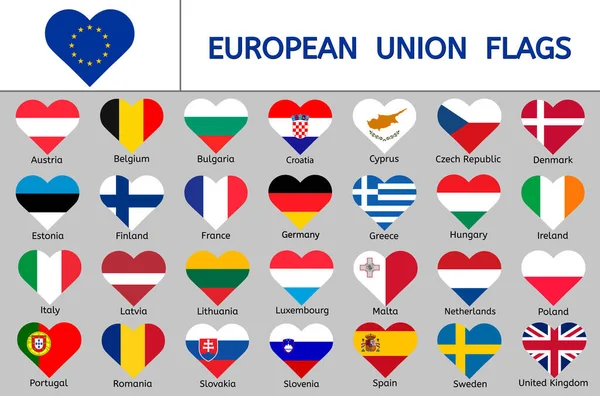 Conjunto Banderas Unión Europea Iconos Del Corazón Banderas Países Europa — Vector de stock