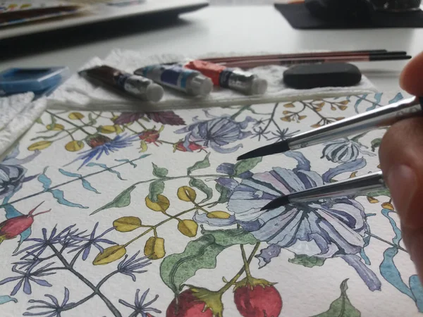Art studio, drawing process, paintings, art materials, flowers, watercolor, pencils, botanical illustration