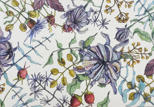 Studio Sztuki Proces Rysowania Obrazy Materiały Artystyczne Kwiaty Akwarela Ołówki — Zdjęcie stockowe
