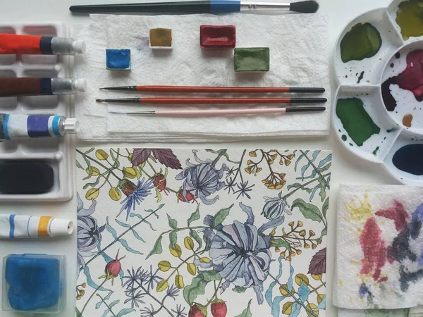 Atelier Art Procédé Dessin Peintures Matériaux Art Fleurs Aquarelle Crayons — Photo