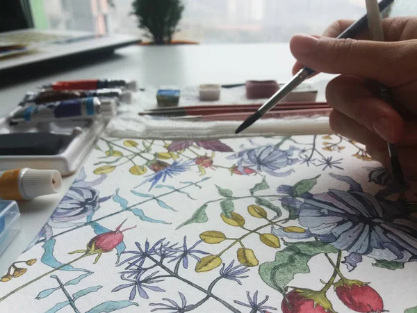 艺术工作室 绘画工艺 艺术材料 水彩画 植物图解 — 图库照片