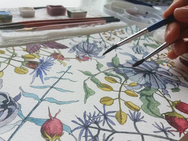 Art studio, drawing process, paintings, art materials, flowers, watercolor, pencils, botanical illustration