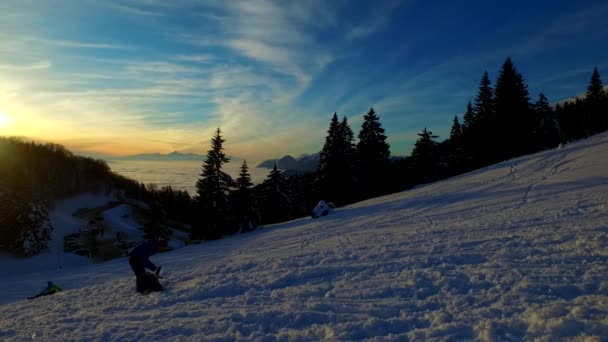 Winterlandschap Trails Voetstappen Bergen — Stockvideo