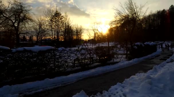 寒い冬の公園で終わります 雪に覆われた 寒い日 夜が来る — ストック動画