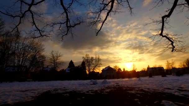 Piękny Zachód Słońca Zimowym Miasteczku Sylwetkami Domów Cieniami Drzew — Wideo stockowe