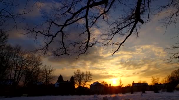 Prachtige Zonsondergang Een Koude Winterstad Met Huizen Silhouetten Schaduwen Van — Stockvideo