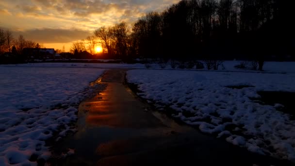Διαδρομή Στο Κρύο Χειμερινό Πάρκο Και Έντονα Χρώματα Ηλιοβασιλέματος — Αρχείο Βίντεο