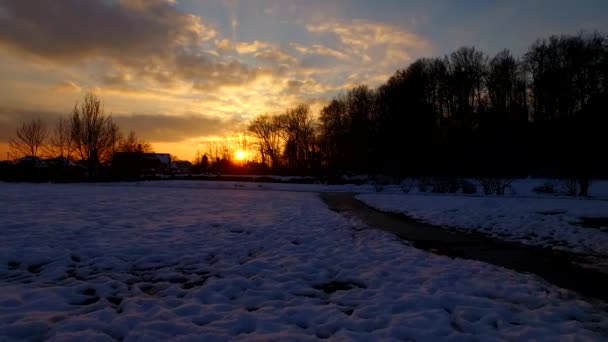 Weg Kalten Winterpark Und Intensive Sonnenuntergangsfarben — Stockvideo