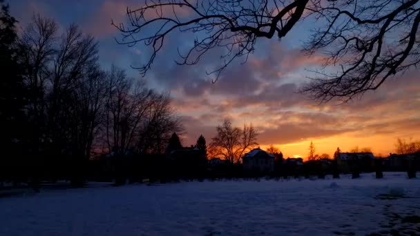 寒い冬の町の美しい夕日 家のシルエット 木の影 — ストック動画