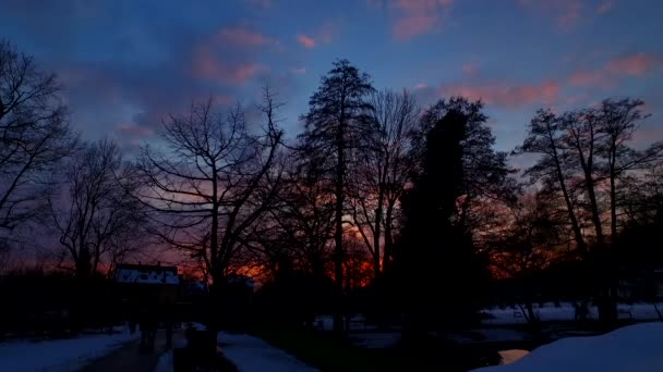 Vacker Solnedgång Kall Vinterstad Med Hus Silhuetter Skuggor Träd — Stockvideo