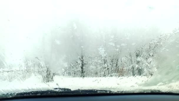 Σοβαρή Χιονοθύελλα Χιονοθύελλα Υγρό Χιόνι Παρατηρώντας Από Ένα Εσωτερικό Αυτοκίνητο — Αρχείο Βίντεο
