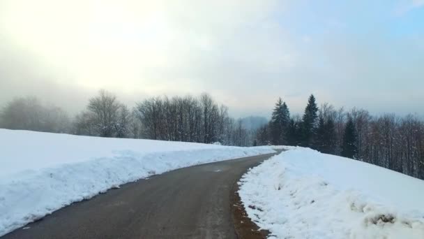 Weg Een Koude Besneeuwde Bergen — Stockvideo